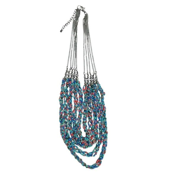 Beaded Layered Necklace Boho 5 Braided Multicolor Strands Beads Blue Silver Tone - Picture 6 of 8